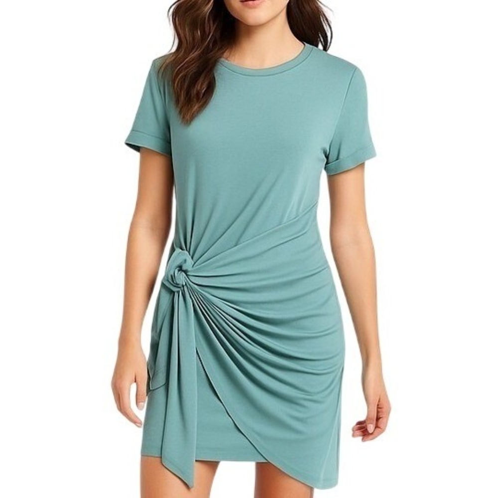 BTFBM Womens S Mint Green Ruched Side Tie Asymmetrical T Shirt Dress NWT